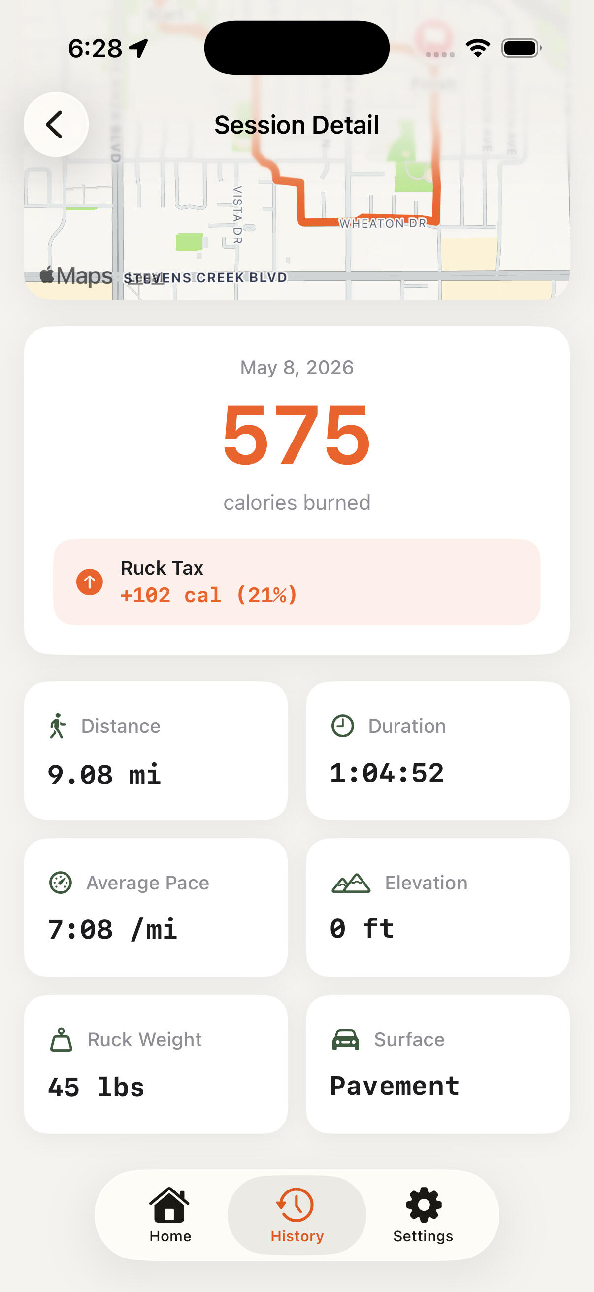 RuckHero Session Detail RuckHero session detail screen showing route, calories burned, Ruck Tax, distance, pace, elevation, ruck weight, and surface