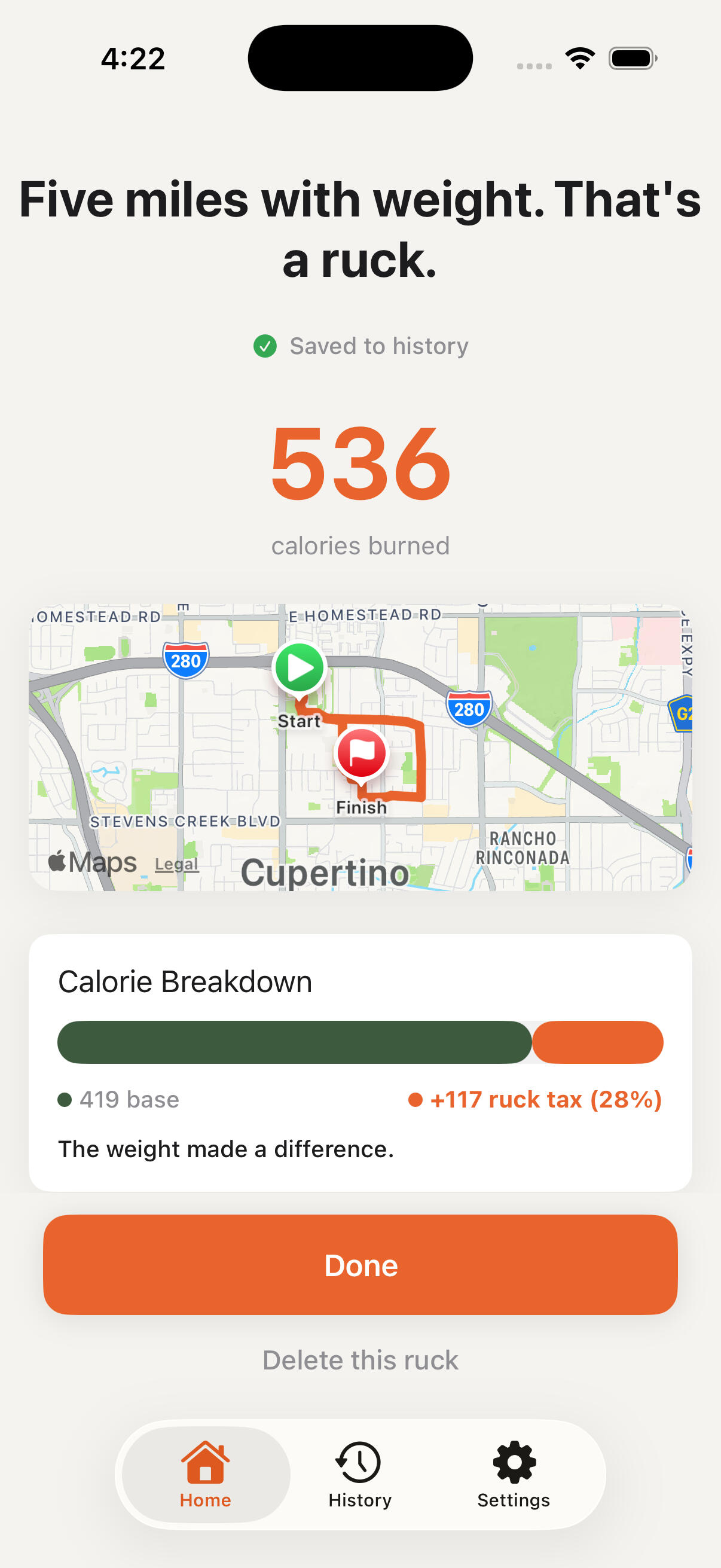 Route Maps and GPS RuckHero route map screen showing a completed ruck route, calories burned, and calorie breakdown